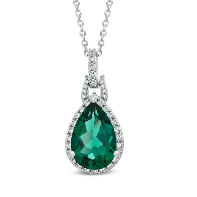 Pear-Shaped Lab-Created Emerald and White Sapphire Buckle Pendant in Sterling Silver with Diamond Accents