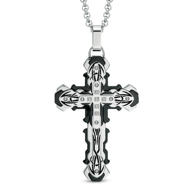 Men's Black Diamond Accent Tribal Cross Pendant in Two-Tone Stainless Steel - 24"