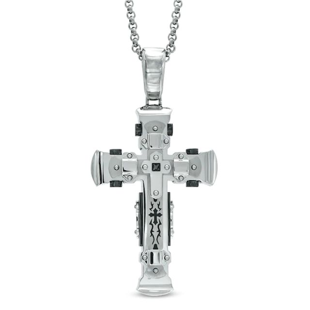 Men's Black Diamond Accent Tribal-Inspired Cross Pendant in Two-Tone Stainless Steel - 24"