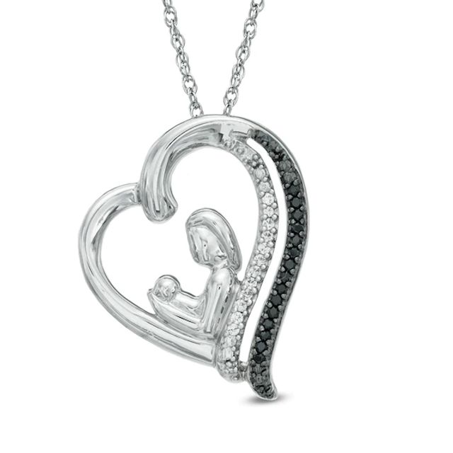 1/10 CT. T.w. Enhanced Black and White Diamond Motherly Love Tilted Heart Pendant in Sterling Silver
