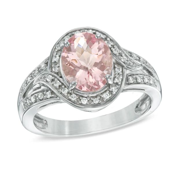 Oval Morganite and 1/10 CT. T.w. Diamond Swirl Ring in 10K White Gold