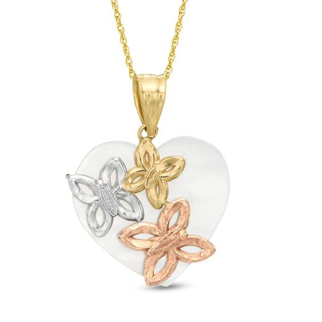 15.0mm Heart-Shaped Mother-of-Pearl Butterfly Pendant in 10K Tri-Tone Gold