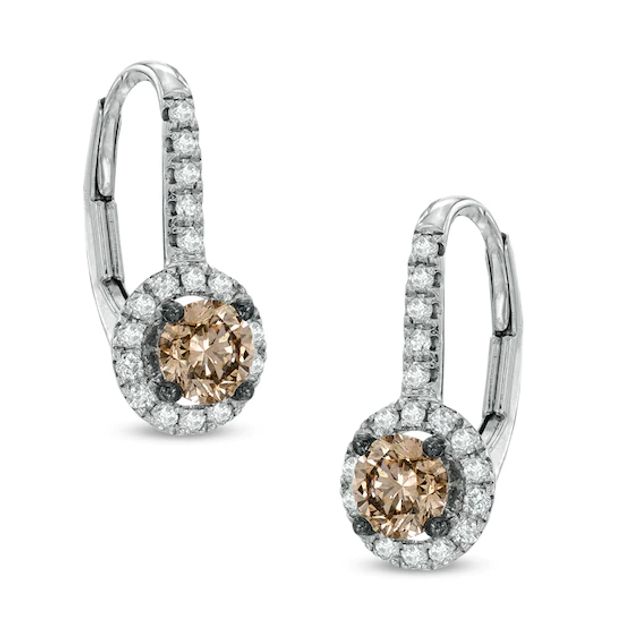 7/8 CT. T.w. Champagne and White Diamond Frame Drop Earrings in 14K White Gold