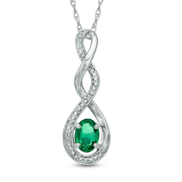 Oval Lab-Created Emerald and Diamond Accent Infinity Twist Pendant in Sterling Silver