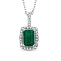 Emerald-Cut Emerald and 1/6 CT. T.w. Diamond Frame Pendant in 14K White Gold