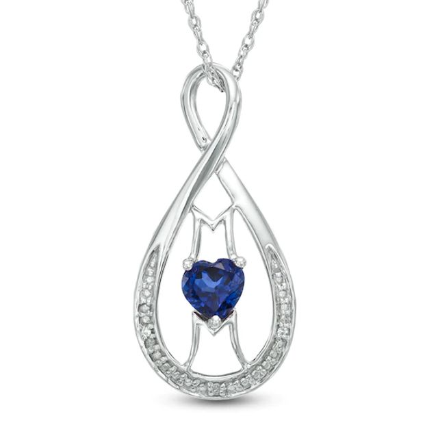 5.0mm Heart-Shaped Lab-Created Blue Sapphire and Diamond Accent Mom Infinity Pendant in Sterling Silver