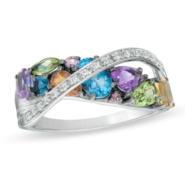 Multi-Gemstone and Lab-Created White Sapphire Cross-Over Ring in Sterling Silver