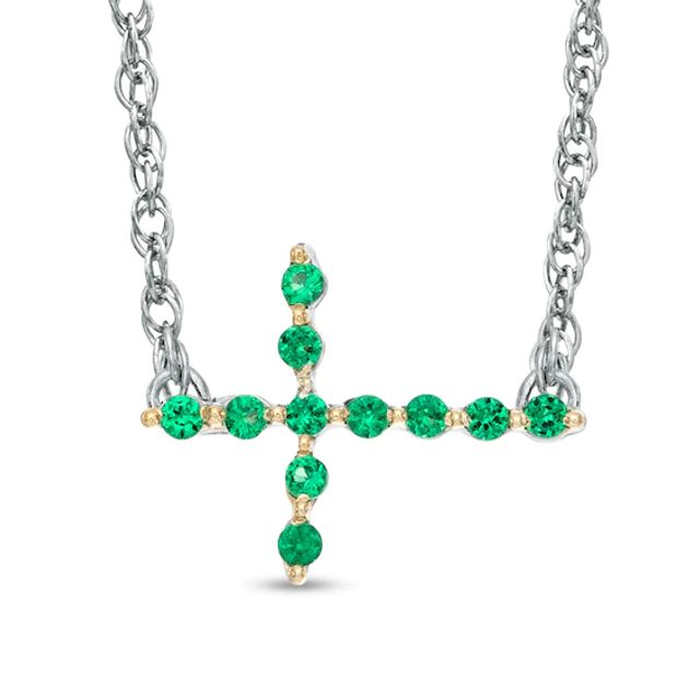 Lab-Created Emerald Sideways Cross Necklace in Sterling Silver