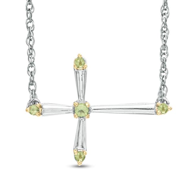Peridot Sideways Cross Necklace in Sterling Silver