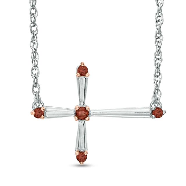 Garnet Sideways Cross Necklace in Sterling Silver