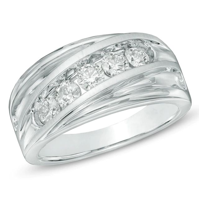 Men's 1 CT. T.w. Diamond Five Stone Slant Wedding Band in 14K White Gold