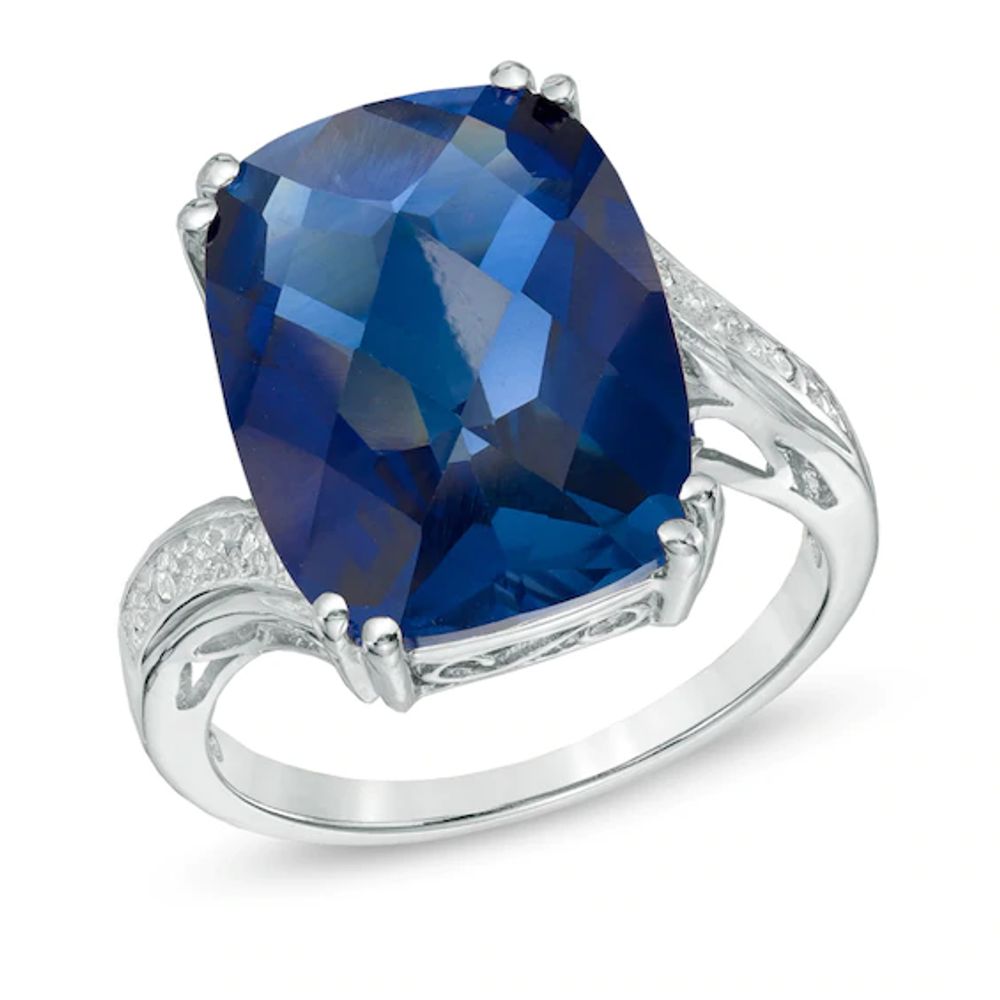 Cushion-Cut Lab-Created Blue Sapphire and Diamond Accent Ring in 10K White Gold