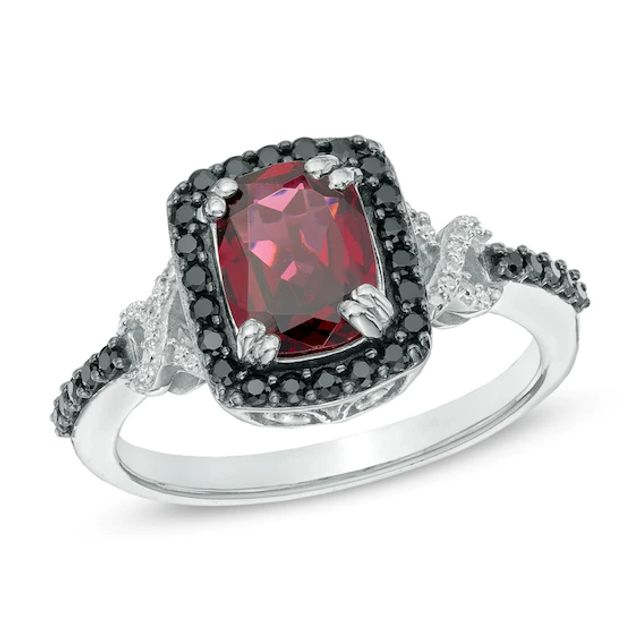 Cushion-Cut Rhodolite Garnet, Black Spinel and Diamond Accent Ring in Sterling Silver