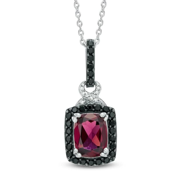 Cushion-Cut Rhodolite Garnet, Black Spinel and Diamond Accent Frame Pendant in Sterling Silver