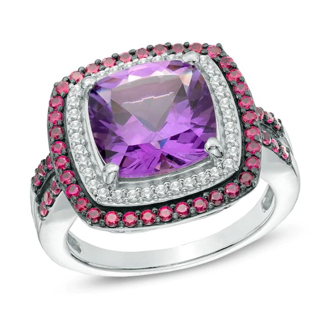 10.0mm Cushion-Cut Amethyst, Lab-Created Ruby and White Sapphire Ring in Sterling Silver