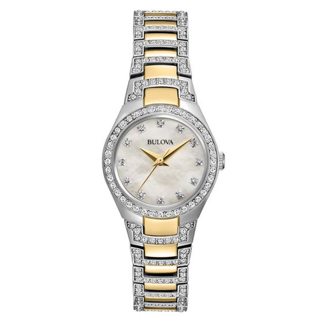 Ladies' Bulova Two-Tone Crystal Accent Watch with Mother-of-Pearl Dial (Model: 98L198)