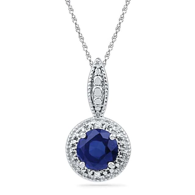 6.5mm Lab-Created Blue Sapphire and Diamond Accent Frame Pendant in Sterling Silver