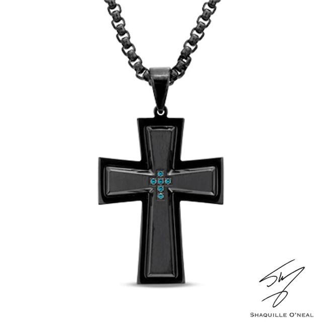 Men's Enhanced Blue Diamond Accent Cross Pendant in Stainless Steel with Black IP - 24"