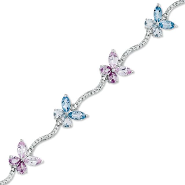 Multi-Gemstone and Lab-Created White Sapphire Butterfly Bracelet in Sterling Silver - 7.25"