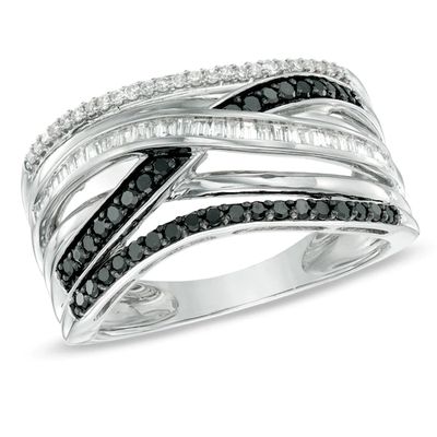 1/2 CT. T.w. Enhanced Black and White Diamond Layered Stack Ring in Sterling Silver