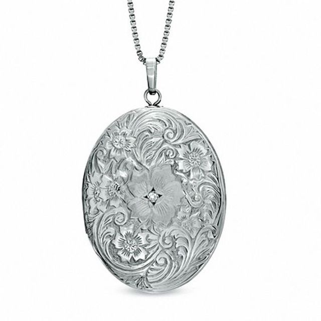 Diamond Accent Oval Locket with Etched Flowers in Sterling Silver