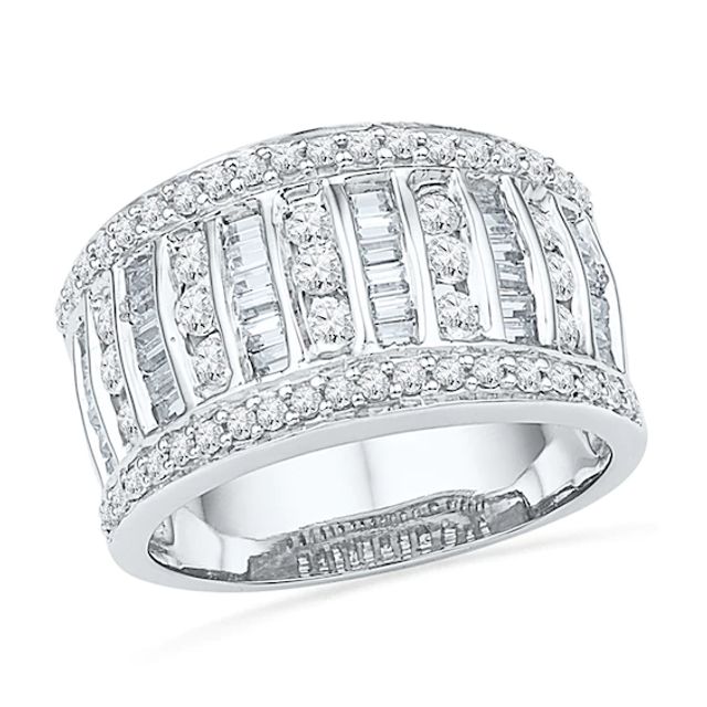 1 CT. T.w. Baguette and Round Diamond Multi-Row Band in 10K White Gold