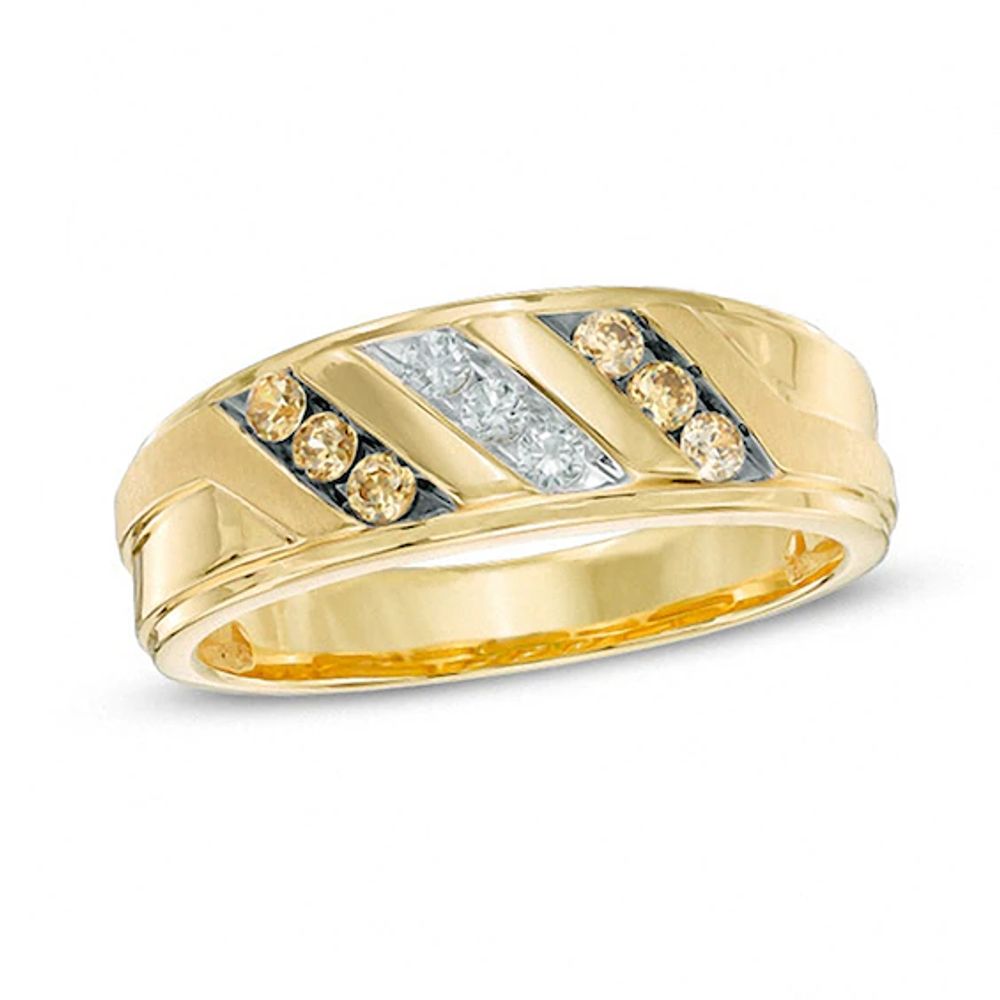 Men's 1/3 CT. T.w. Champagne and White Diamond Slant Ring in 10K Gold