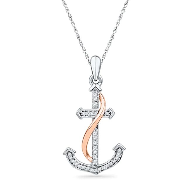 1/10 CT. T.w. Diamond Anchor Pendant in Sterling Silver and 10K Rose Gold