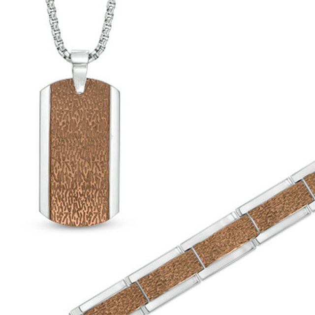 Textured Necklace and Bracelet Set in Two-Tone Stainless Steel - 24"