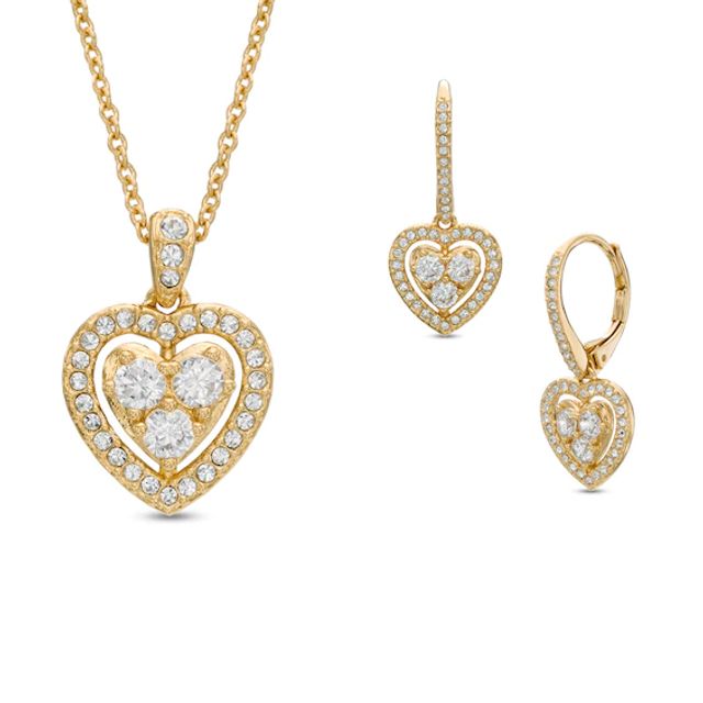 AVA Nadri Cubic Zirconia and Crystal Heart Pendant and Drop Earrings Set in Brass with 18K Gold Plate - 16"