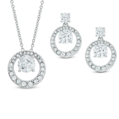 AVA Nadri Cubic Zirconia and Crystal Doorknocker Pendant and Drop Earrings Set in White Rhodium Brass - 16"