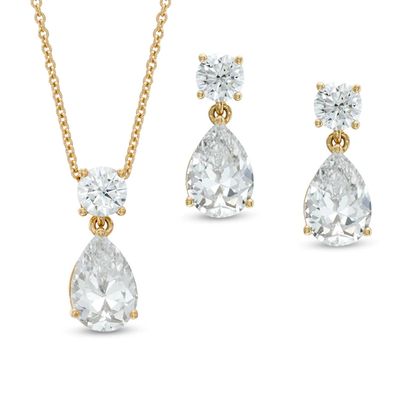 AVA Nadri Pear-Shaped Cubic Zirconia Pendant and Drop Earrings Set in Brass with 18K Gold Plate - 16"