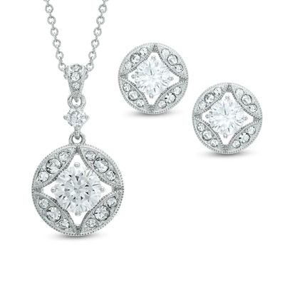 AVA Nadri Cubic Zirconia and Crystal Star Pendant and Drop Earrings Set in White Rhodium Brass - 16"