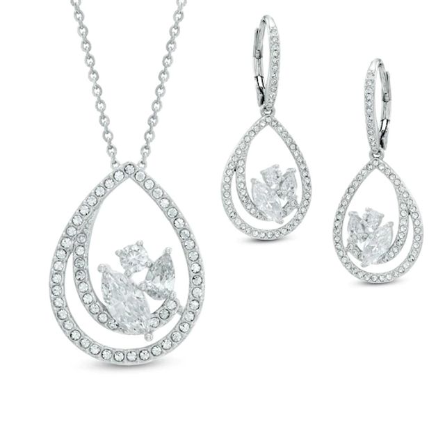 AVA Nadri Cubic Zirconia and Crystal Swirl Pendant and Drop Earrings Set in White Rhodium Brass - 16"