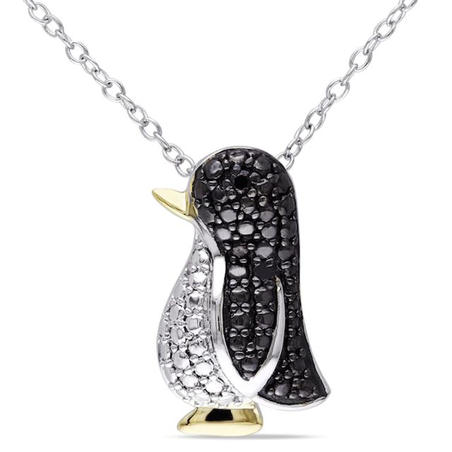 Black Diamond Accent Penguin Pendant in Tri-Tone Sterling Silver