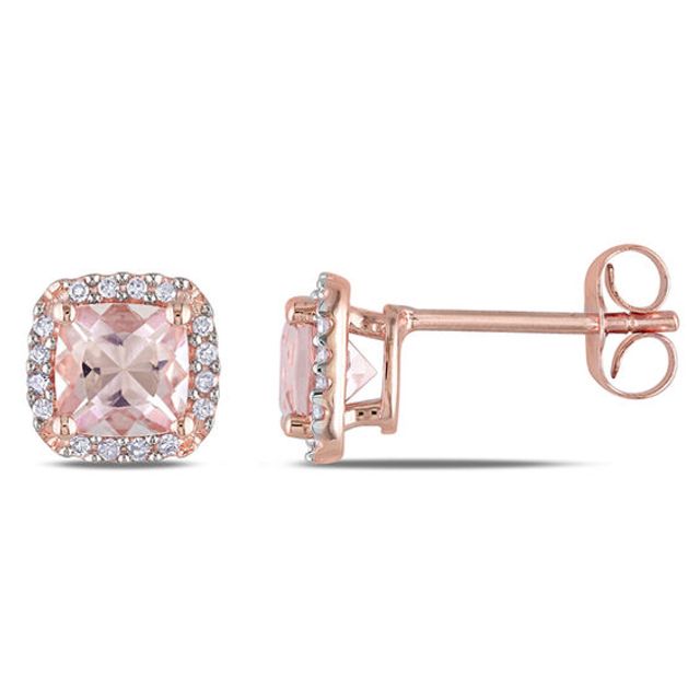 5.0mm Cushion-Cut Morganite and 1/10 CT. T.w. Diamond Frame Stud Earrings in 10K Rose Gold