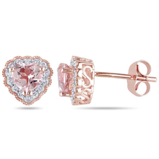 5.0mm Heart-Shaped Morganite and 1/10 CT. T.w. Diamond Frame Stud Earrings in 10K Rose Gold