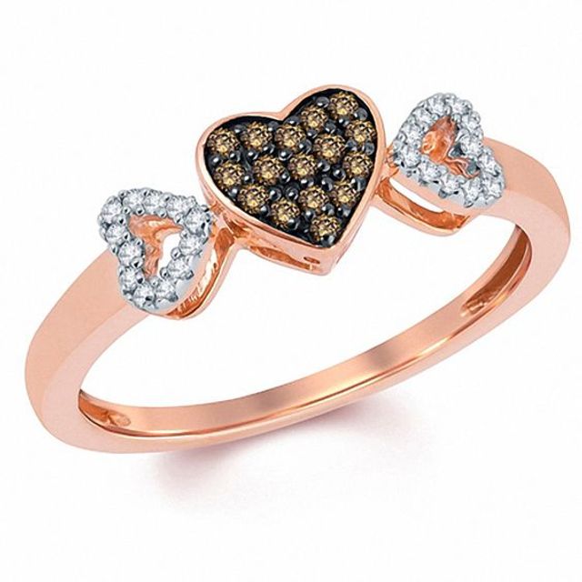 1/6 CT. T.w. Champagne and White Diamond Hearts Ring in 10K Rose Gold