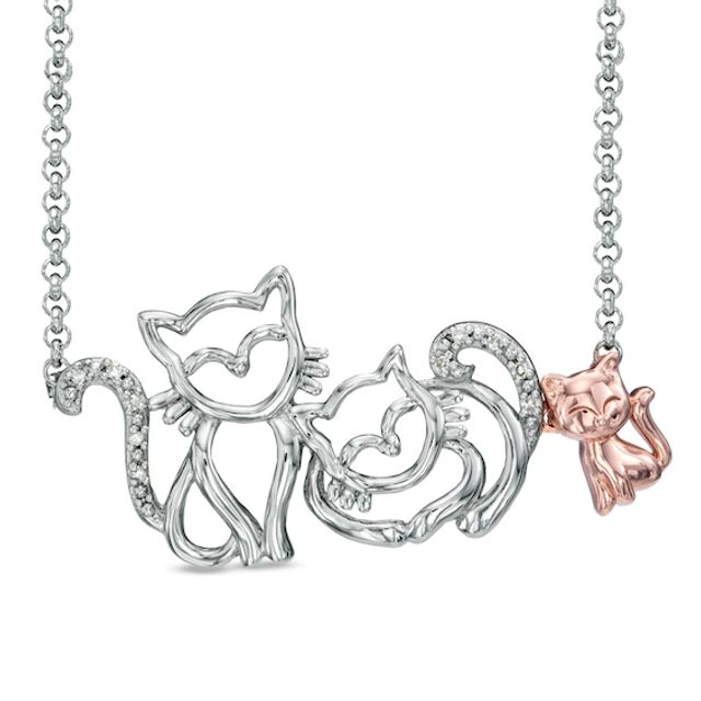 Diamond Accent Cat Family Necklace in Sterling Silver and 18K Rose Gold Plate - 16"