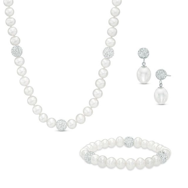 6.0 - 8.0mm Cultured Freshwater Pearl and Crystal Strand Necklace, Bracelet and Drop Earrings Set in Sterling Silver