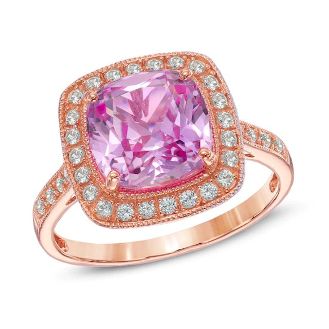 9.0mm Cushion-Cut Lab-Created Pink and White Sapphire Frame Ring in Sterling Silver with 14K Rose Gold Plate