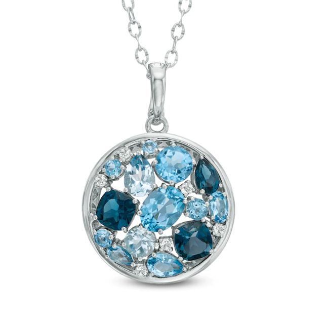 Multi-Shaped Blue and White Topaz Circle Pendant in Sterling Silver