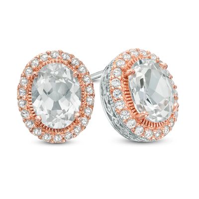 Oval Lab-Created White Sapphire Frame Stud Earrings in Sterling Silver and 18K Rose Gold Plate