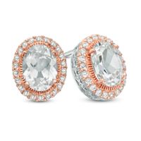 Oval Lab-Created White Sapphire Frame Stud Earrings in Sterling Silver and 18K Rose Gold Plate