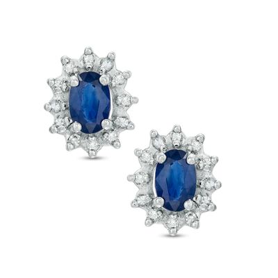 Oval Blue Sapphire and 1/5 CT. T.w. Diamond Frame Stud Earrings in 10K White Gold