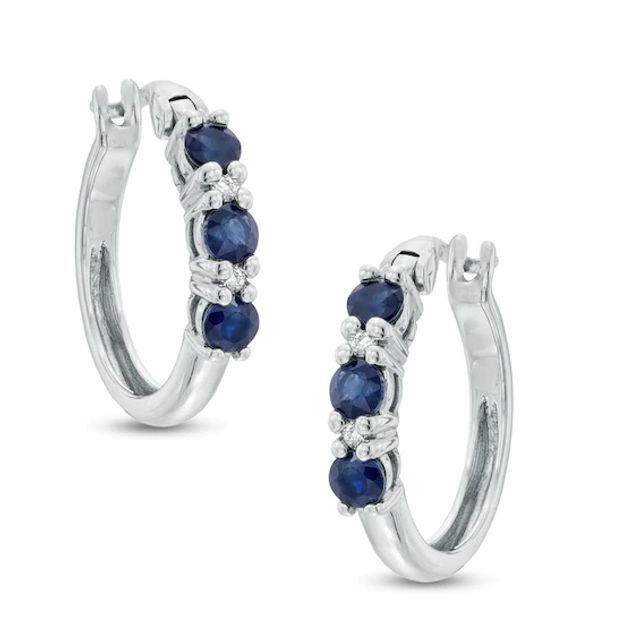 Blue Sapphire and Diamond Accent Hoop Earrings in 10K White Gold