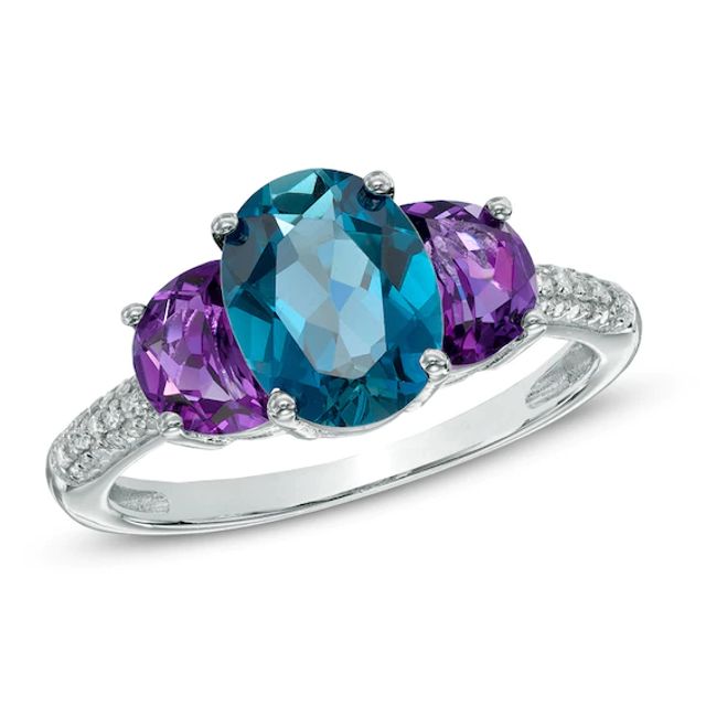 Oval London Blue Topaz, Amethyst and 1/10 CT. T.w. Diamond Three Stone Ring in Sterling Silver