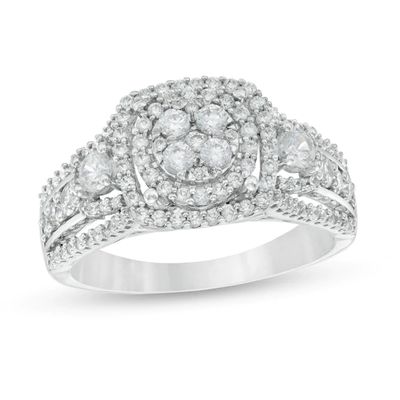 1 CT. T.w. Diamond Cluster Three Stone Style Ring in 10K White Gold