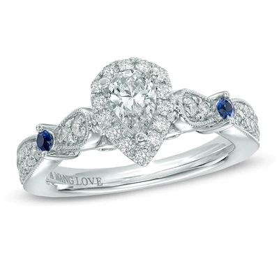 Vera Wang Love Collection 5/8 CT. T.w. Pear-Shaped Diamond and Blue Sapphire Vintage-Style Ring 14K White Gold