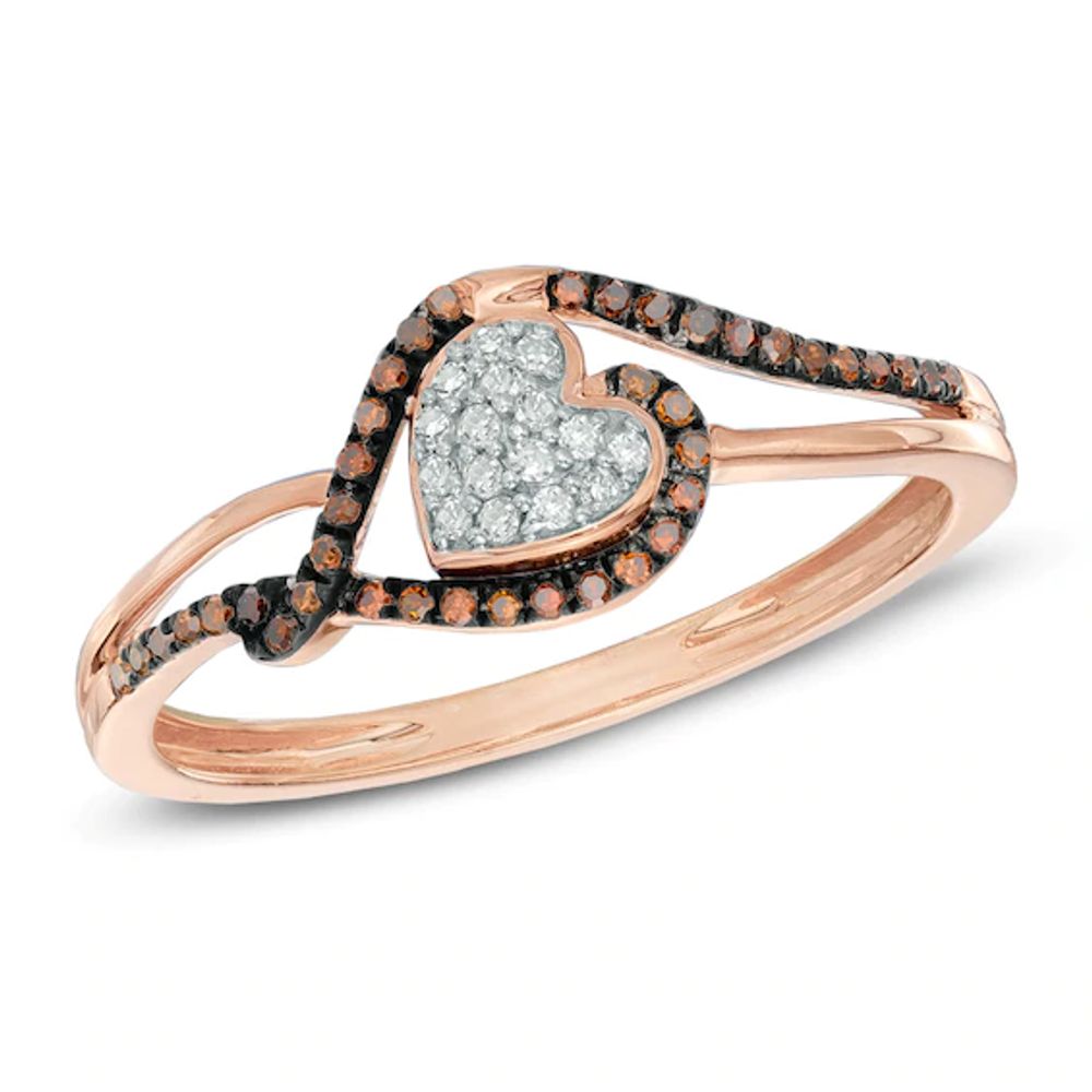 1/6 CT. T.w. Enhanced Cognac and White Diamond Tilted Heart Ring in 10K Rose Gold